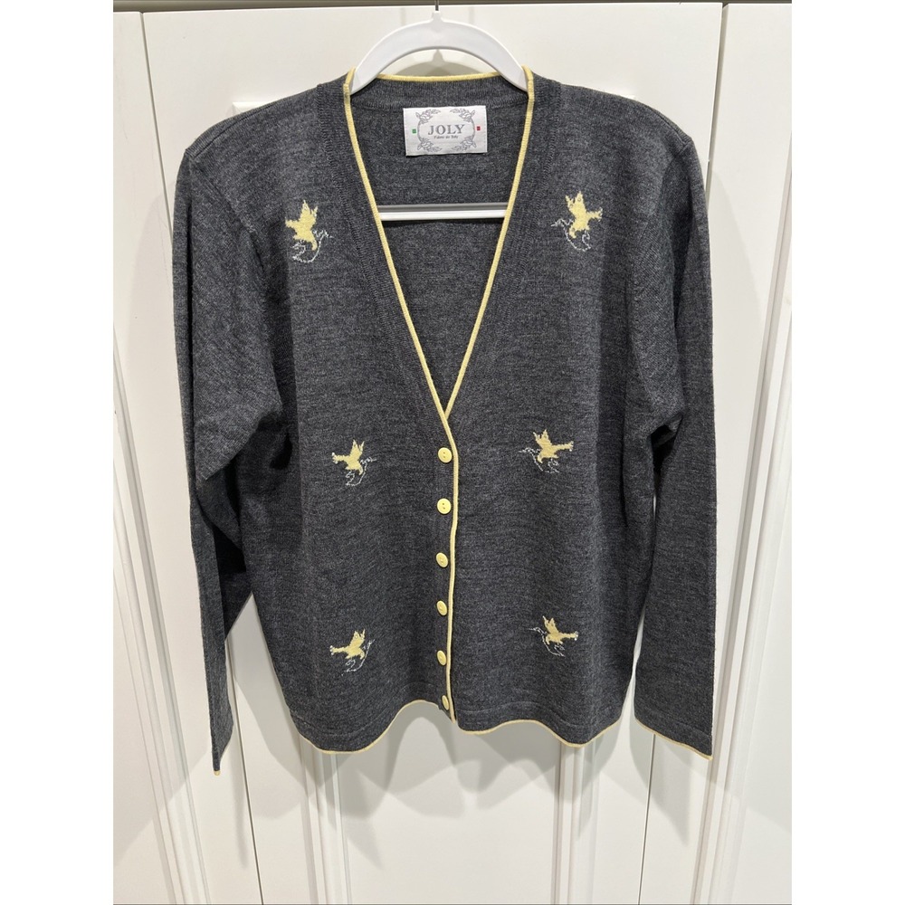 Joly Merino Wool Cardigan Sweater Size Large Gray Bird Print Rhinestone Sparkle